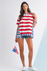 Red Stripe Loose Casual Color Block T Shirt - Femstylo