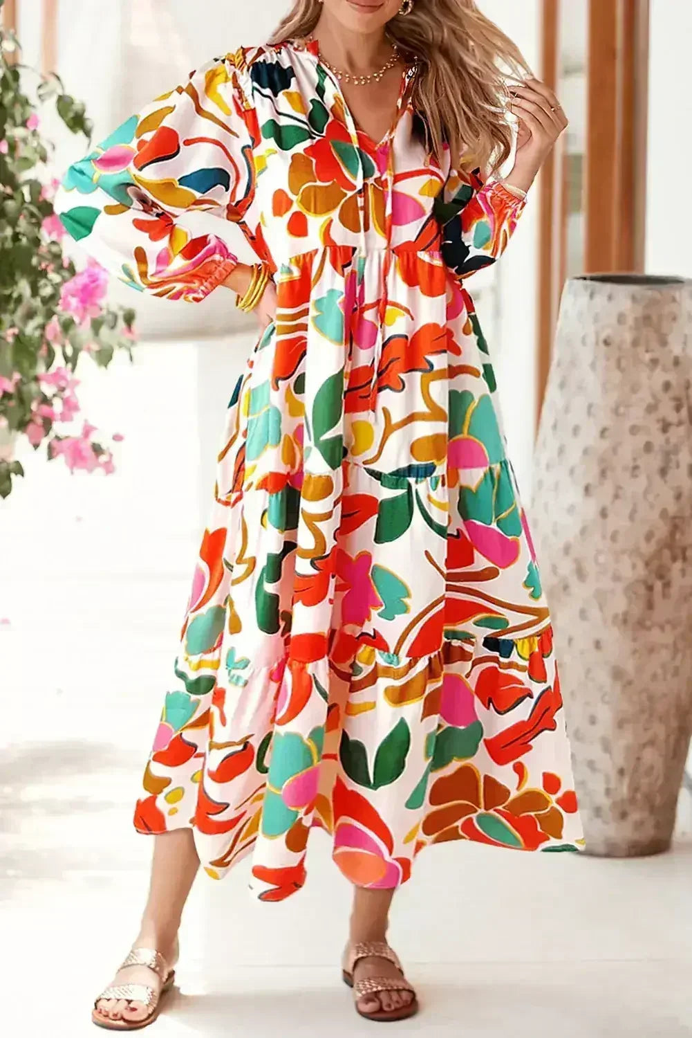 Orange Abstract Tie V Neck Tiered Maxi Dress - Femstylo