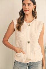 Fiery Red Solid Textured Knit Side Pockets Buttoned Sweater Vest