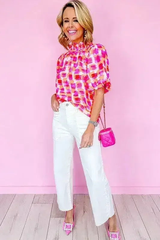 Women Print Button Back Ruffed High Neck Blouse | Femstylo - Femstylo