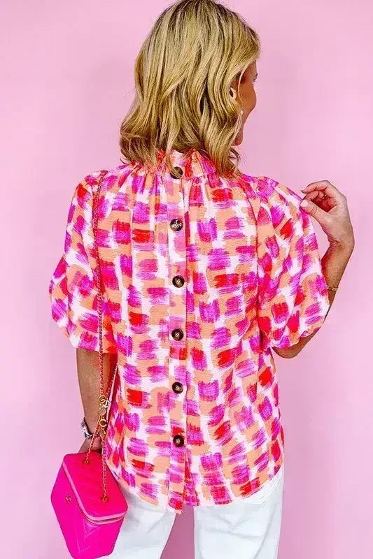 Women Print Button Back Ruffed High Neck Blouse | Femstylo - Femstylo
