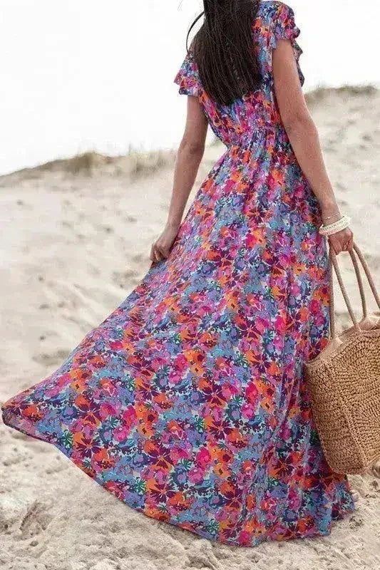Floral Print V-Neck Wrap Maxi Dress - Women's Elegant Long Dress - Femstylo
