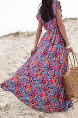 Floral Print V-Neck Wrap Maxi Dress - Women's Elegant Long Dress - Femstylo