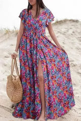Floral Print V-Neck Wrap Maxi Dress - Women's Elegant Long Dress - Femstylo