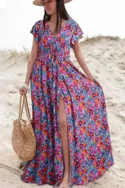 Floral Print V-Neck Wrap Maxi Dress - Women's Elegant Long Dress - Femstylo