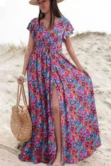 Floral Print V-Neck Wrap Maxi Dress - Women's Elegant Long Dress - Femstylo