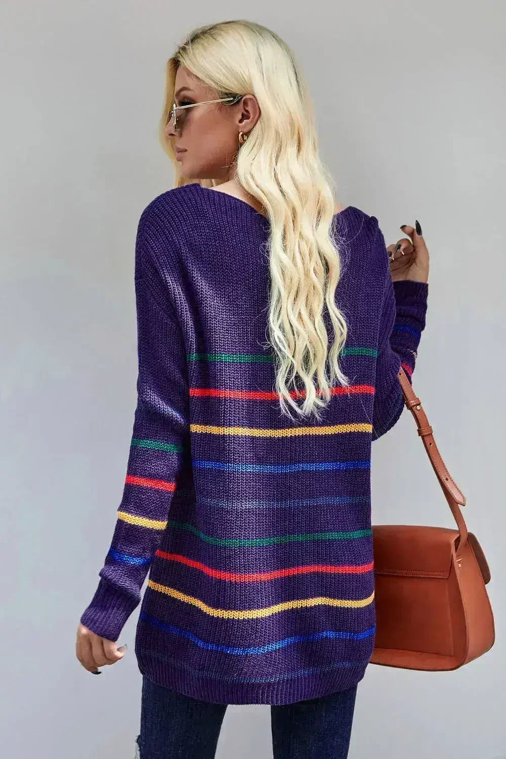 Blue Striped Loose Knit Sweater - Femstylo
