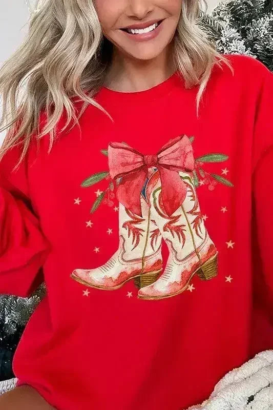 Christmas Cowgirl Boots Graphic Fleece Sweatshirts - Femstylo