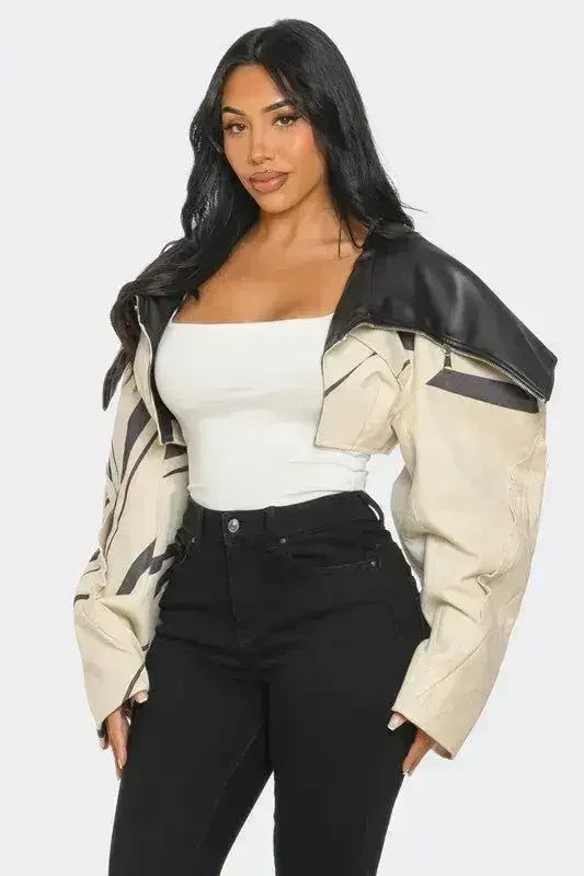 Two-Tone Puff Sleeve Bomber Jacket - Femstylo