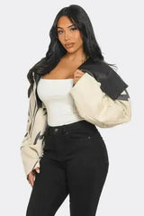 Two-Tone Puff Sleeve Bomber Jacket - Femstylo