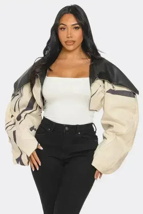 Two-Tone Puff Sleeve Bomber Jacket - Femstylo
