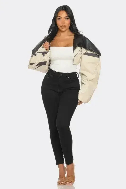 Two-Tone Puff Sleeve Bomber Jacket - Femstylo