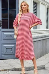 Lovelet Contrast Striped Half Sleeve Midi Tee Dress - Femstylo