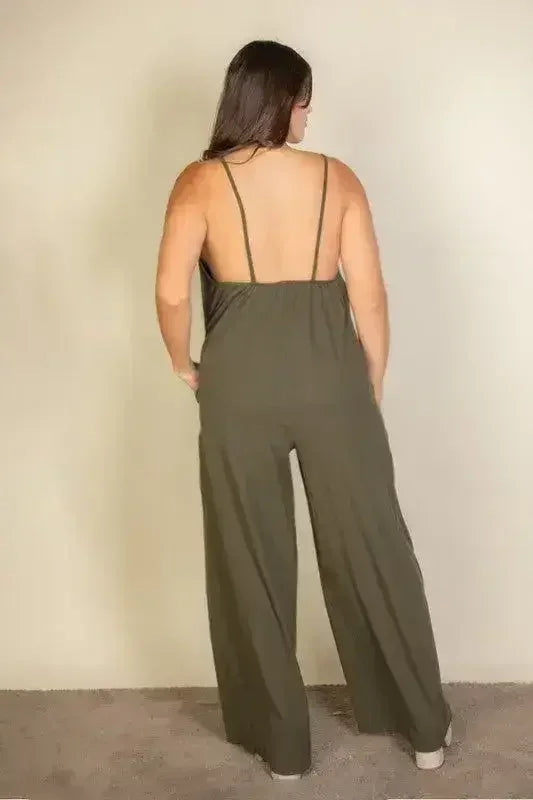 Plus Spaghetti strap solid wide jumpsuit - Femstylo