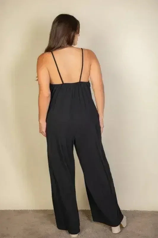 Plus Spaghetti strap solid wide jumpsuit - Femstylo