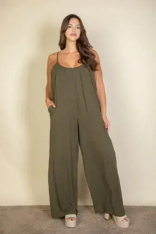 Plus Spaghetti strap solid wide jumpsuit - Femstylo