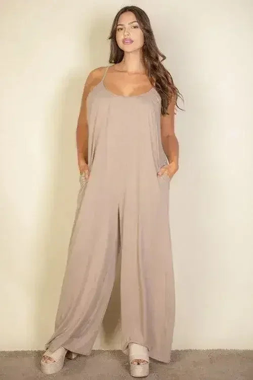 Plus Spaghetti strap solid wide jumpsuit - Femstylo