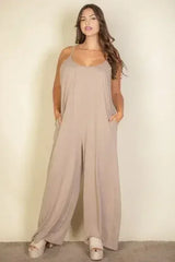 Plus Spaghetti strap solid wide jumpsuit - Femstylo