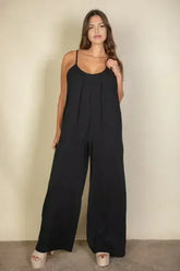 Plus Spaghetti strap solid wide jumpsuit - Femstylo
