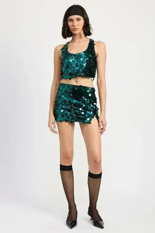 Sequin Emerald Green Mini Skirt – Sparkly with Thigh Slit | Sizes S-L - Femstylo