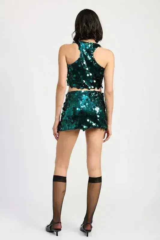 Sequin Emerald Green Mini Skirt – Sparkly with Thigh Slit | Sizes S-L - Femstylo