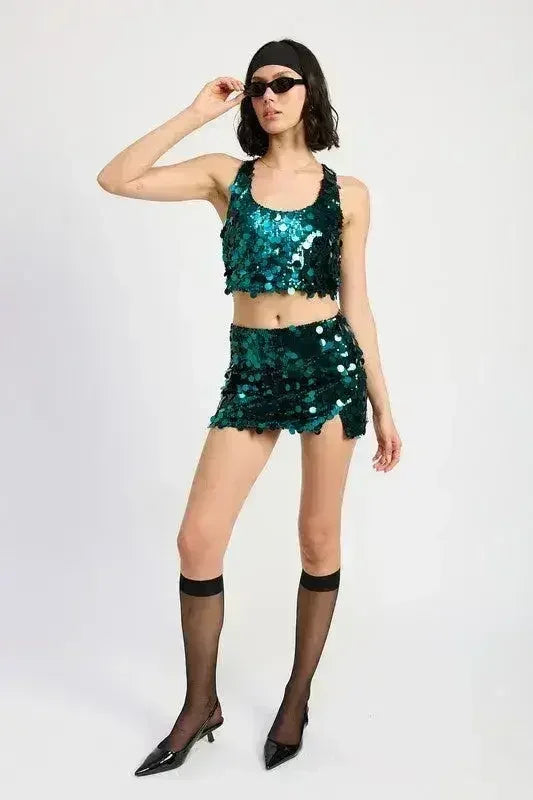 Sequin Emerald Green Mini Skirt – Sparkly with Thigh Slit | Sizes S-L - Femstylo