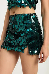 Sequin Emerald Green Mini Skirt – Sparkly with Thigh Slit | Sizes S-L - Femstylo