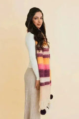 Chunky Pom Tassel Color Stripes Scarf – Bold Striped Scraf - Femstylo