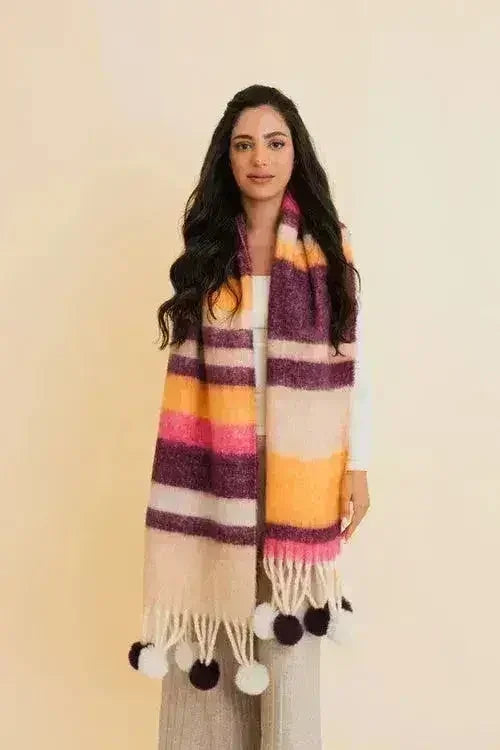 Chunky Pom Tassel Color Stripes Scarf – Bold Striped Scraf - Femstylo