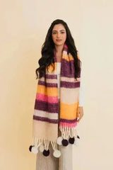 Chunky Pom Tassel Color Stripes Scarf – Bold Striped Scraf - Femstylo