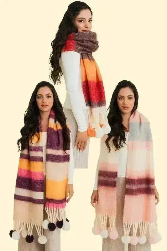 Chunky Pom Tassel Color Stripes Scarf – Bold Striped Scraf - Femstylo
