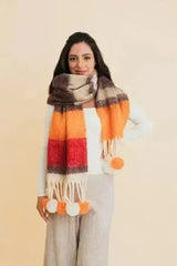 Chunky Pom Tassel Color Stripes Scarf – Bold Striped Scraf - Femstylo