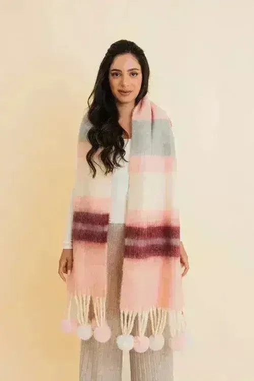 Chunky Pom Tassel Color Stripes Scarf – Bold Striped Scraf - Femstylo
