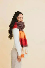 Chunky Pom Tassel Color Stripes Scarf – Bold Striped Scraf - Femstylo