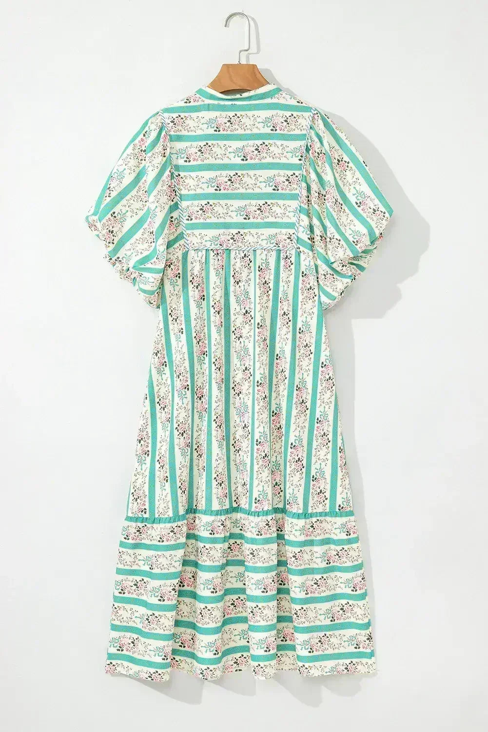 Multicolor Boho Floral Striped Tie V Neck Long Dress - Femstylo