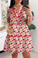Red Floral Puff Sleeve Tiered Ric Rac Pocketed Mini Dress - Femstylo