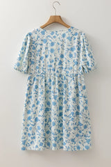 Sky Blue Floral Bow Front Puff Sleeve Mini Dress