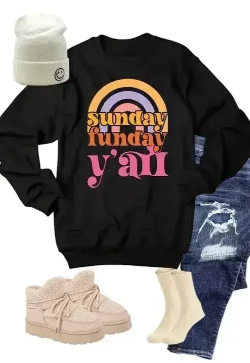 Rainbow Sunday Funday Graphic Crew Sweatshirt - Femstylo