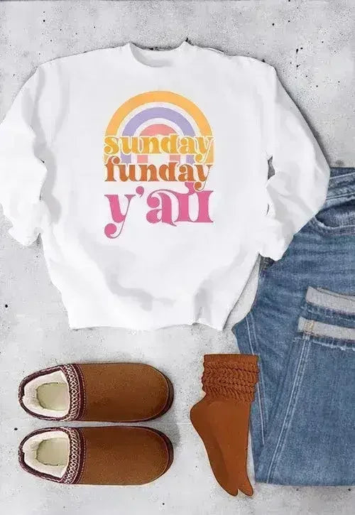Rainbow Sunday Funday Graphic Crew Sweatshirt - Femstylo
