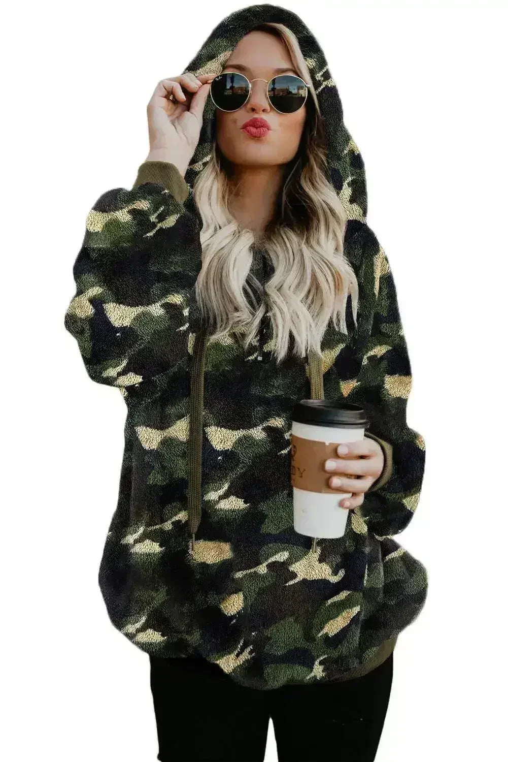 Women's Winter Green Camo Print Warm Furry Pullover Hoodie - Femstylo