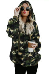 Women's Winter Green Camo Print Warm Furry Pullover Hoodie - Femstylo