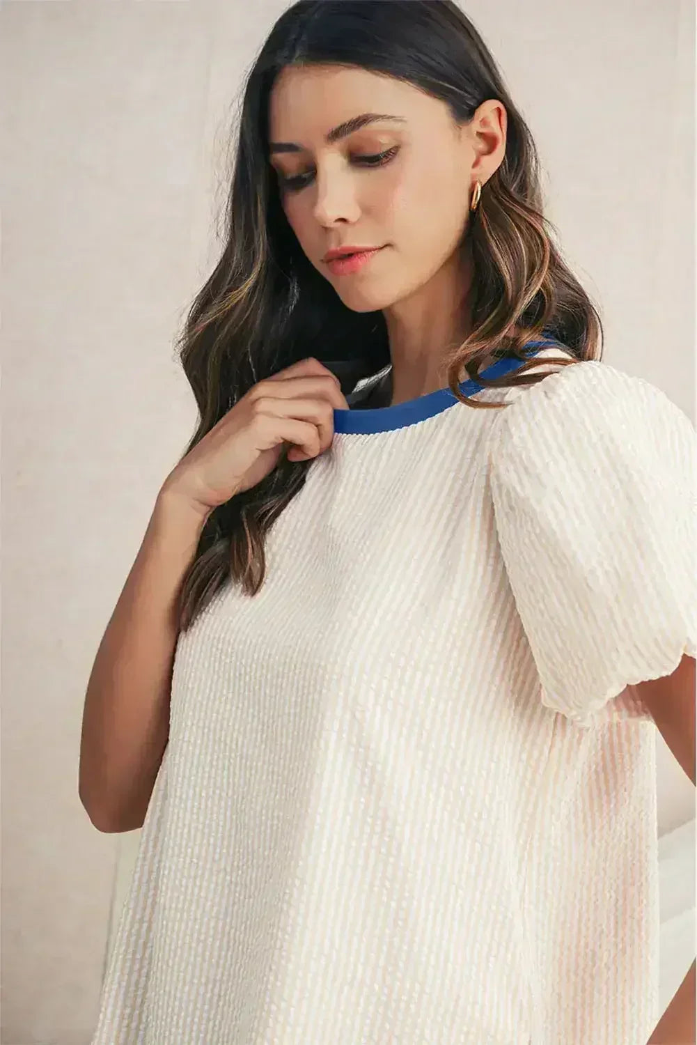 Beige Striped Print Puff Sleeve Textured Mini Dress - Femstylo