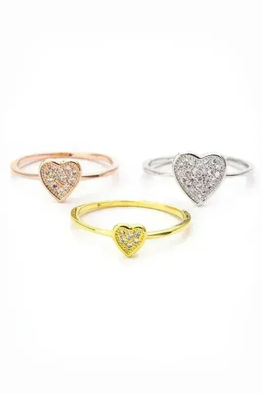 3 Tone CZ Heart Triple Ring Set - Cubic Zirconia Stackable Rings - Femstylo