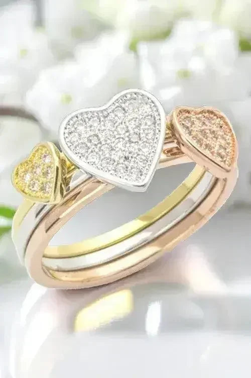 3 Tone CZ Heart Triple Ring Set - Cubic Zirconia Stackable Rings - Femstylo