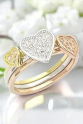 3 Tone CZ Heart Triple Ring Set - Cubic Zirconia Stackable Rings - Femstylo