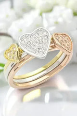 3 Tone CZ Heart Triple Ring Set - Cubic Zirconia Stackable Rings - Femstylo