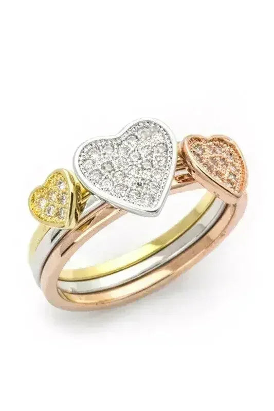 3 Tone CZ Heart Triple Ring Set - Cubic Zirconia Stackable Rings - Femstylo