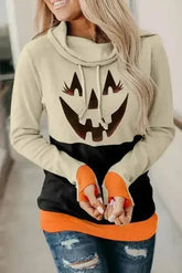 Cute Black Cowl Neck Pumpkin Print Color Block Halloween Sweatshirt - Femstylo