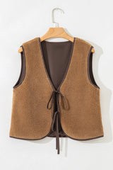 Light French Beige Fleece Tie Front Winter Vest