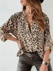 Leopard Button Detail Notched Long Sleeve Blouse | Femstylo - Femstylo